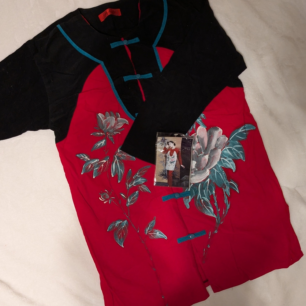 Red and Black Hand-Painted Floral Tunic